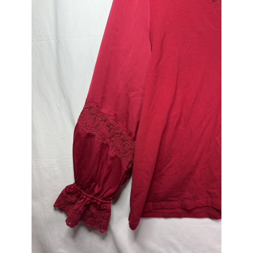Women's Chicos Top Sz 1 US M Red Lace Accents Balloon Satin Sleeve V Neck - Picture 4 of 10